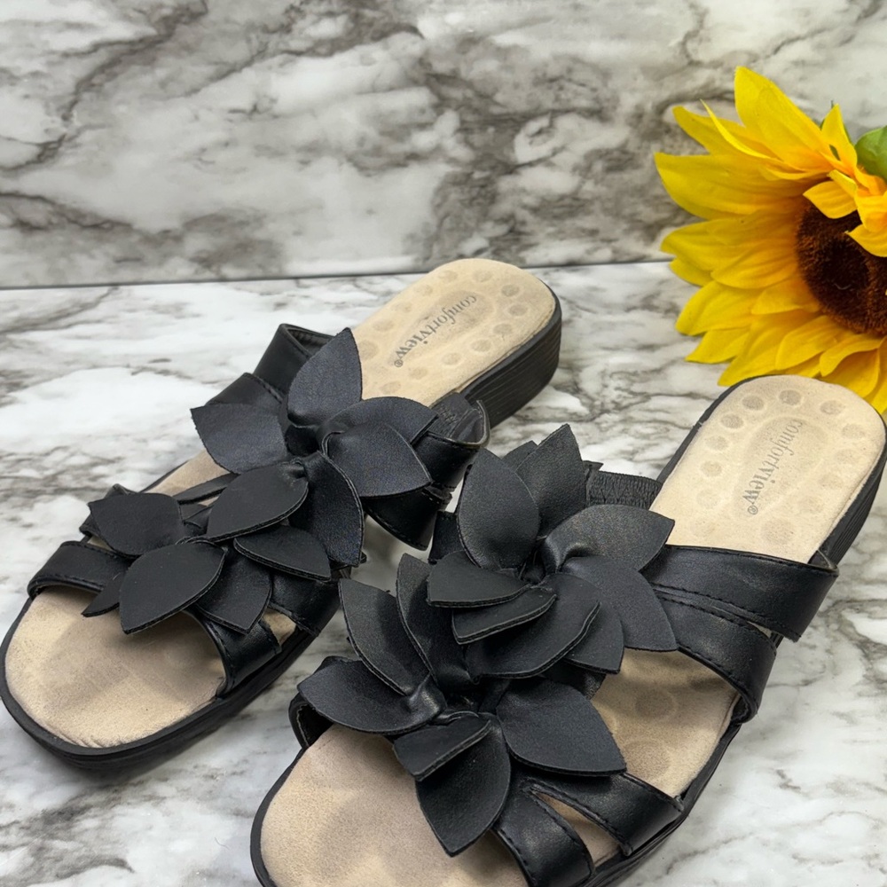 Comfortview Black‎ Floral Slide Sandals Women's 9.5M Slipon Cushioned wedge